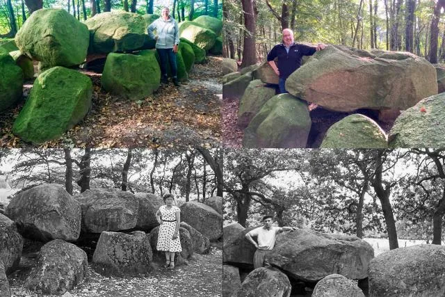 Karin und Jürgen 2021 und Lisa und Rudi 1956 vor den Volbers Hünensteinen